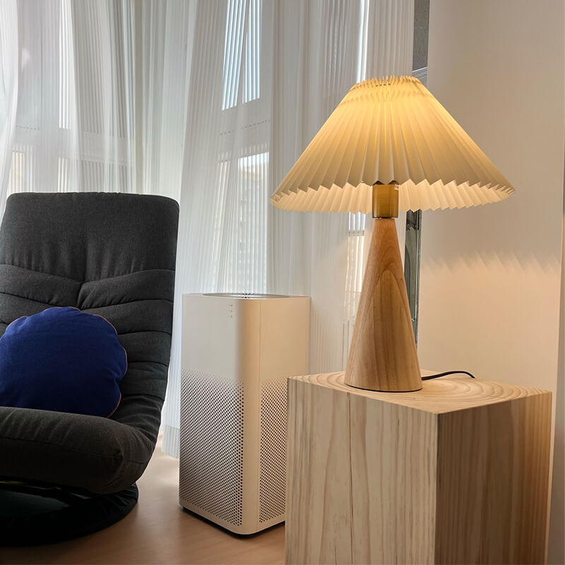 Japanese Wooden Table Lamp With Pleated Fabric Shade