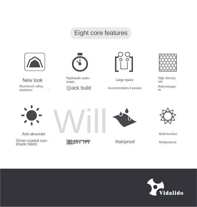 Vidalido CABIN PLUS Series Automatic Cabin Style Tent Portable Lightweight Folding for 4-6 Person Family Shed Leisure Quick Opening Sunshade Tent