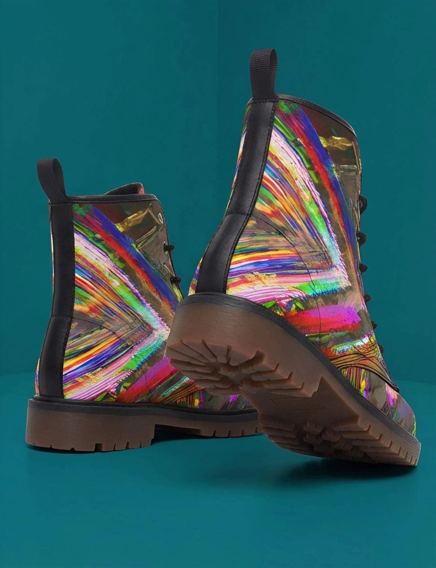Trippy Goth Platform Combat Boots - Psychedelic Nightcore Alt-Fashion Footwear for Raves & Edgy Streetwear