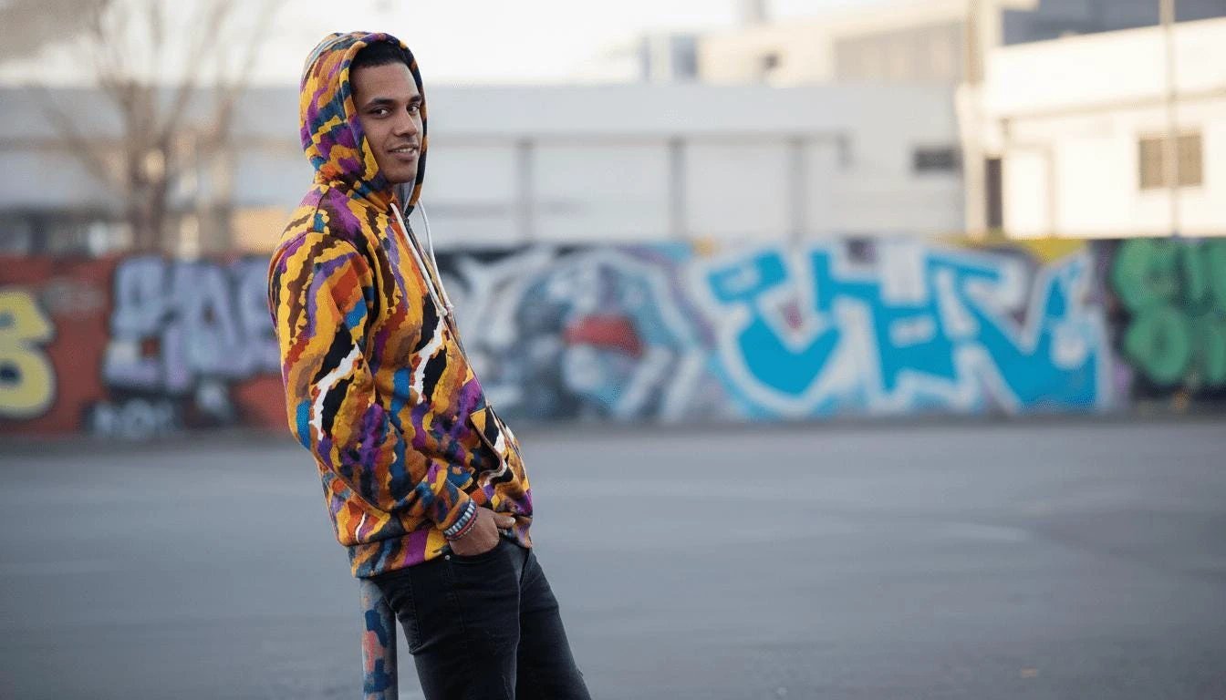 Crisp Burn Painted Strata Zip Hoodie for Desert Rave Dressers — Sunset Wave AOP Brushed Fleece, Burnt Amber Magenta Electric Blue