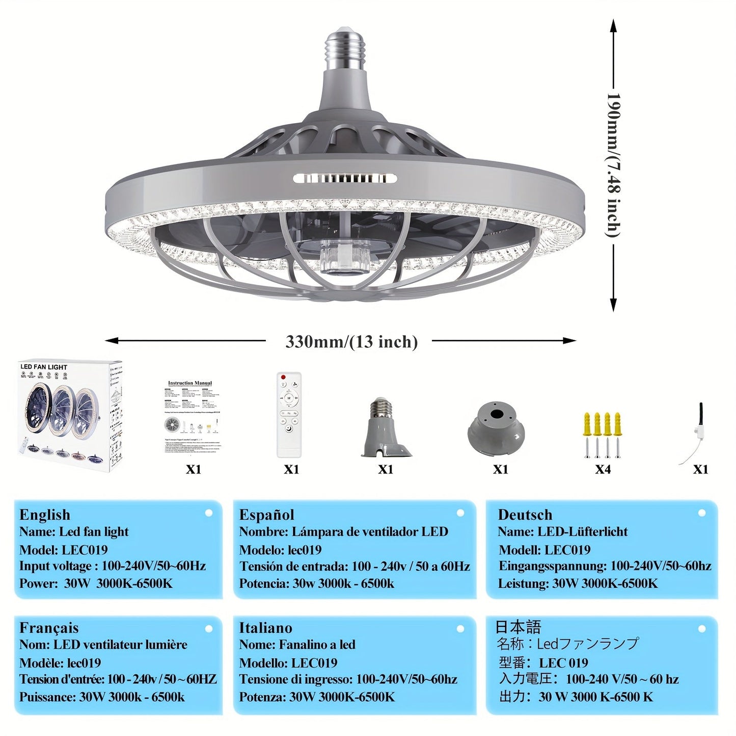 Ceiling Fan with Light & Remote, E26/E27 Base, 3 Speeds – TJR9T3W