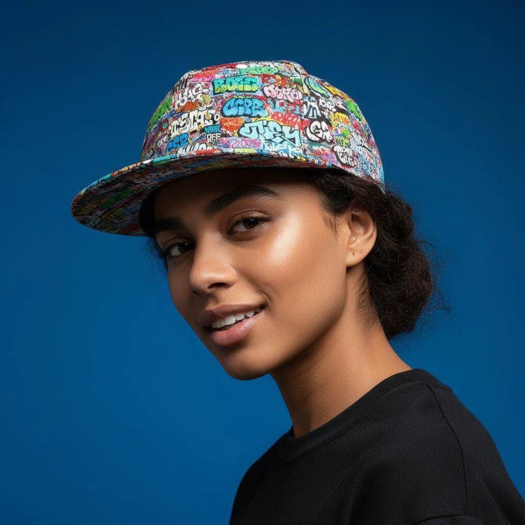 Graffiti Art AOP Snapback for Urban Streetwear Collectors — Monochrome Hip-Hop Tag Print, 90s B-Boy Breakdance Cap, Bold Skater Statement Headwear