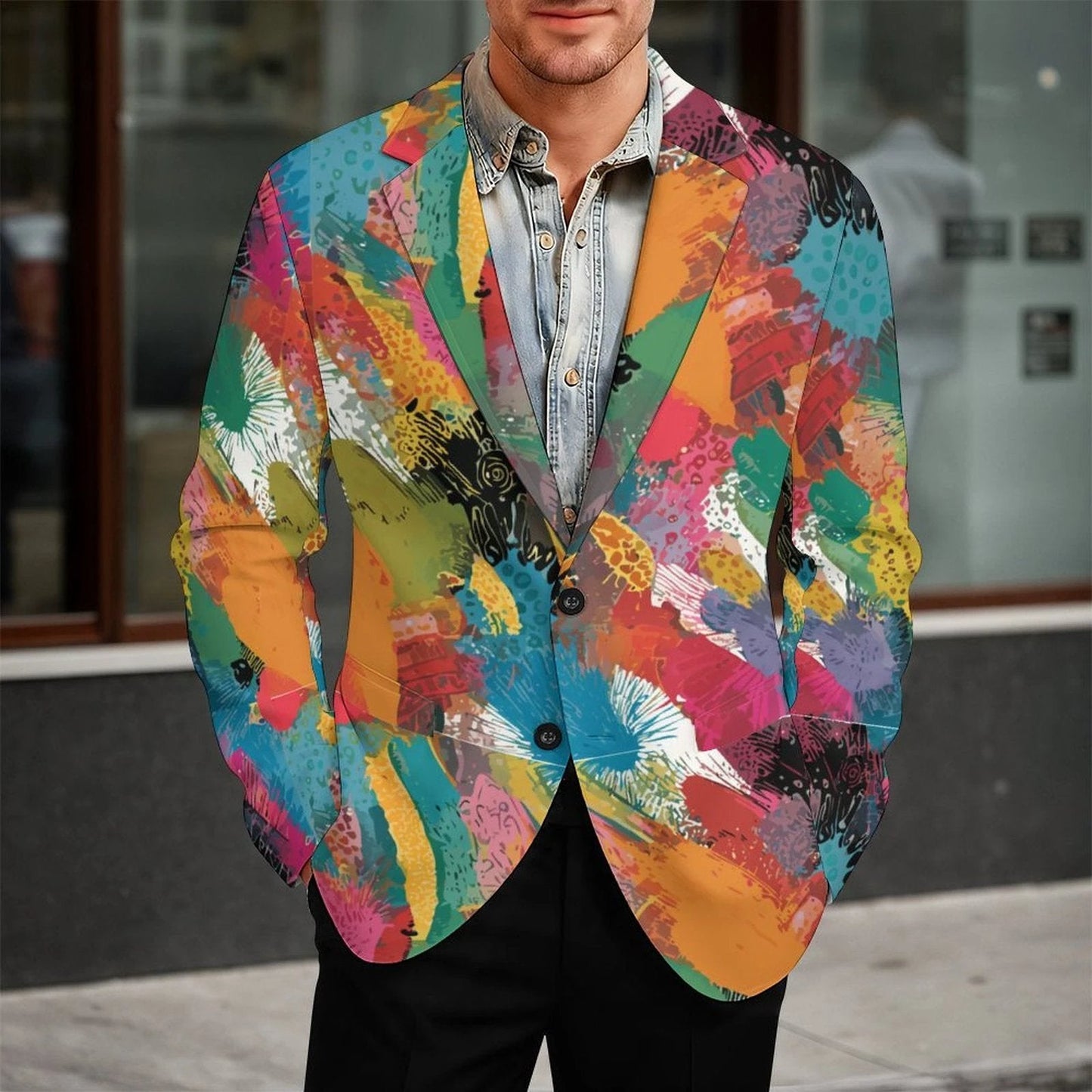 Maximalist Statement Blazer for Founders and Creatives — Abstract AOP Slim Fit Suit Jacket, Gallery Opening Formalwear, Entrepreneur Uniform