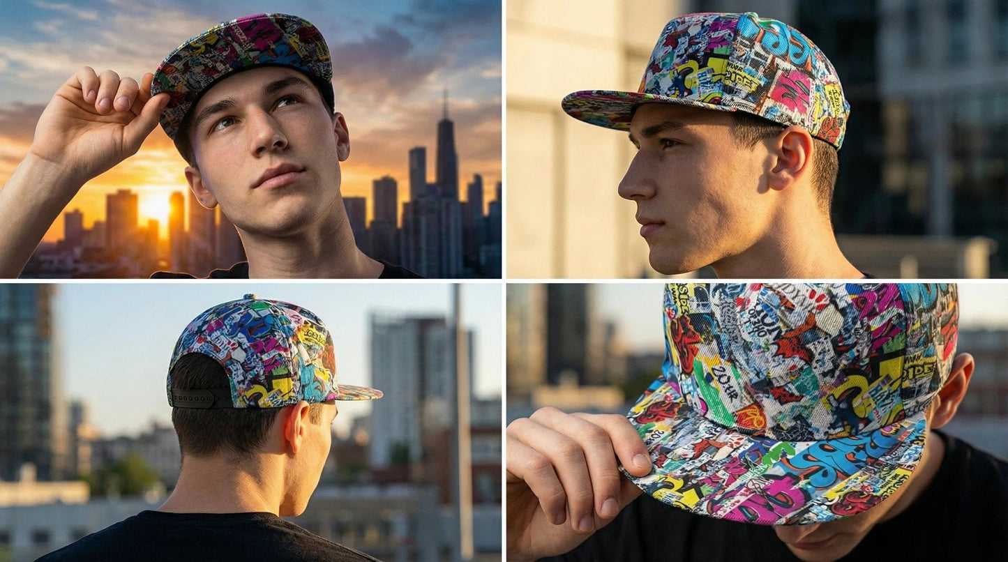 Graffiti Newspaper Collage Snapback Hat | Urban Street Art AOP Flat Brim Cap for Streetwear & Skate Culture