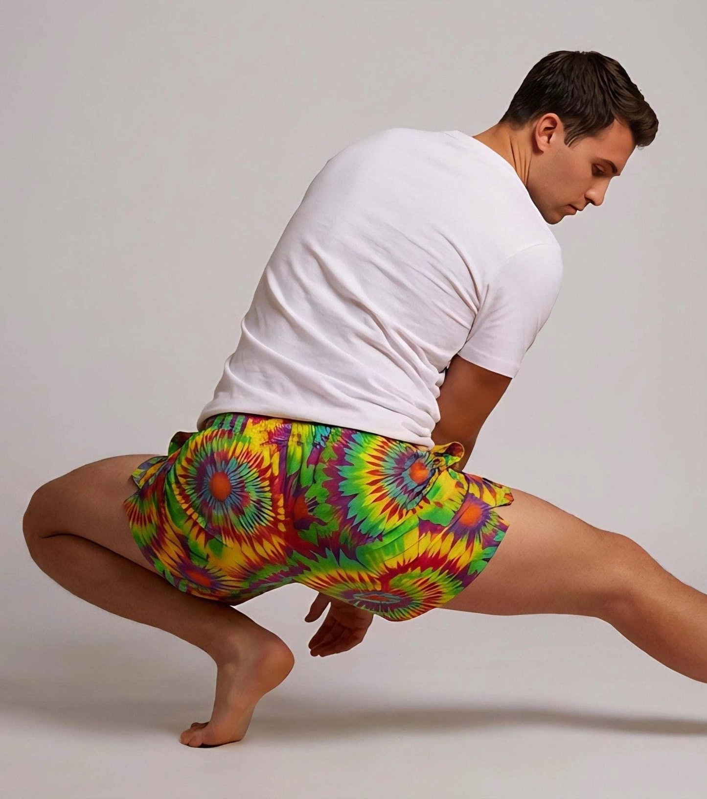 Neon Radial Burst Athletic Shorts for Rave Fitness and Yoga Dressers — Vibrant Psychedelic AOP Swim Trunks, Bold Festival Pool Party Bottoms