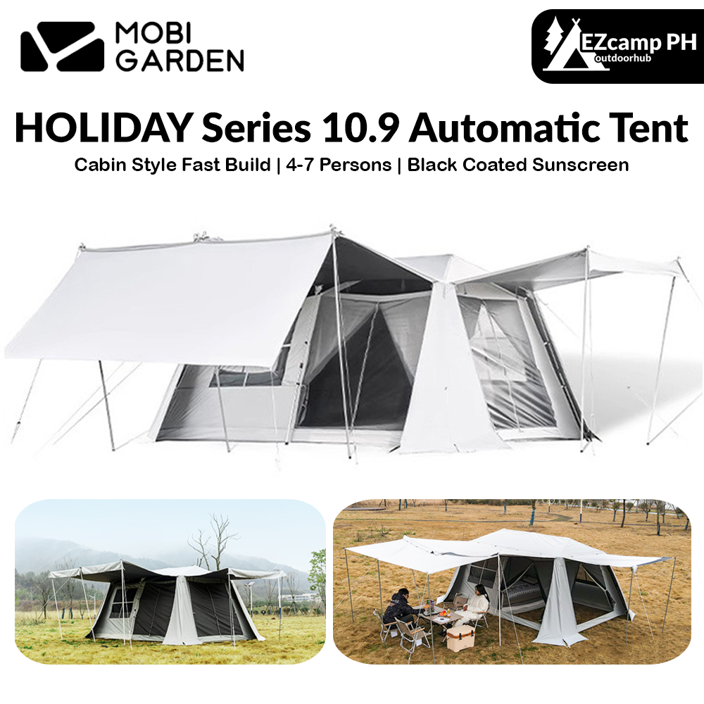 Mobi Garden HOLIDAY Series 10.9 Fast Automatic Cabin Style Tent 4-7 Person Large Sunscreen Waterproof Black Vinyl Coated Village Mountain Residence