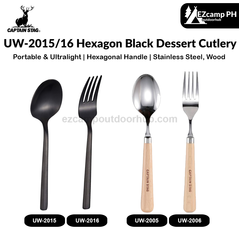 CAPTAIN STAG UW-2015/16 Hexagon Black Dessert Cutlery Portable Ultralight Spoon Fork Premium Stainless Titanium Plating Utensil Tableware UW-2005/06