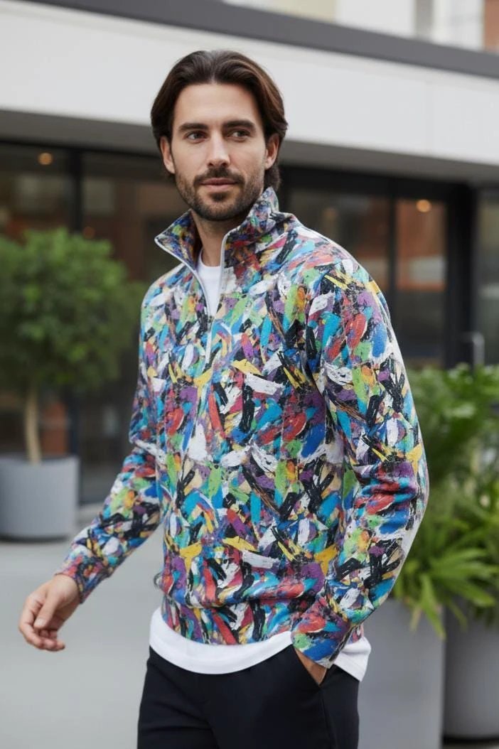 Digital Impasto Paint Stroke Half-Zip for Fine Artists and Curators — 310gsm 100% Cotton Premium Pullover, Stand-Up Collar Art Statement