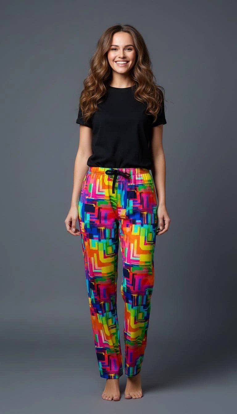 Geometric Retro Abstract Pajama Pants for Maximalist Loungewear Collectors — Bold AOP Polyester Sleepwear Bottoms, Dopamine Dressing PJs