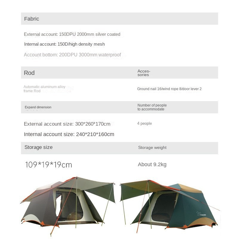 Vidalido CABIN PLUS Series Automatic Cabin Style Tent Portable Lightweight Folding for 4-6 Person Family Shed Leisure Quick Opening Sunshade Tent