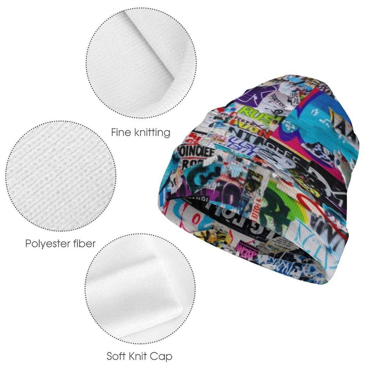 Tag Collage AOP Knit Beanie – All-Over Print, One Size