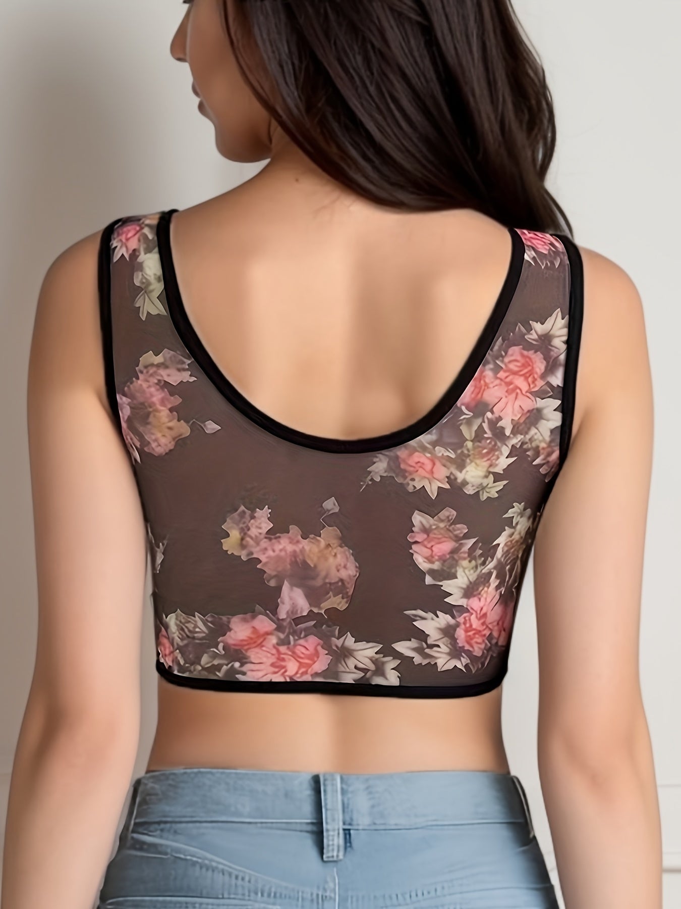 Elegant Floral Print Wireless Bralette, Sheer Back TJR3P9X