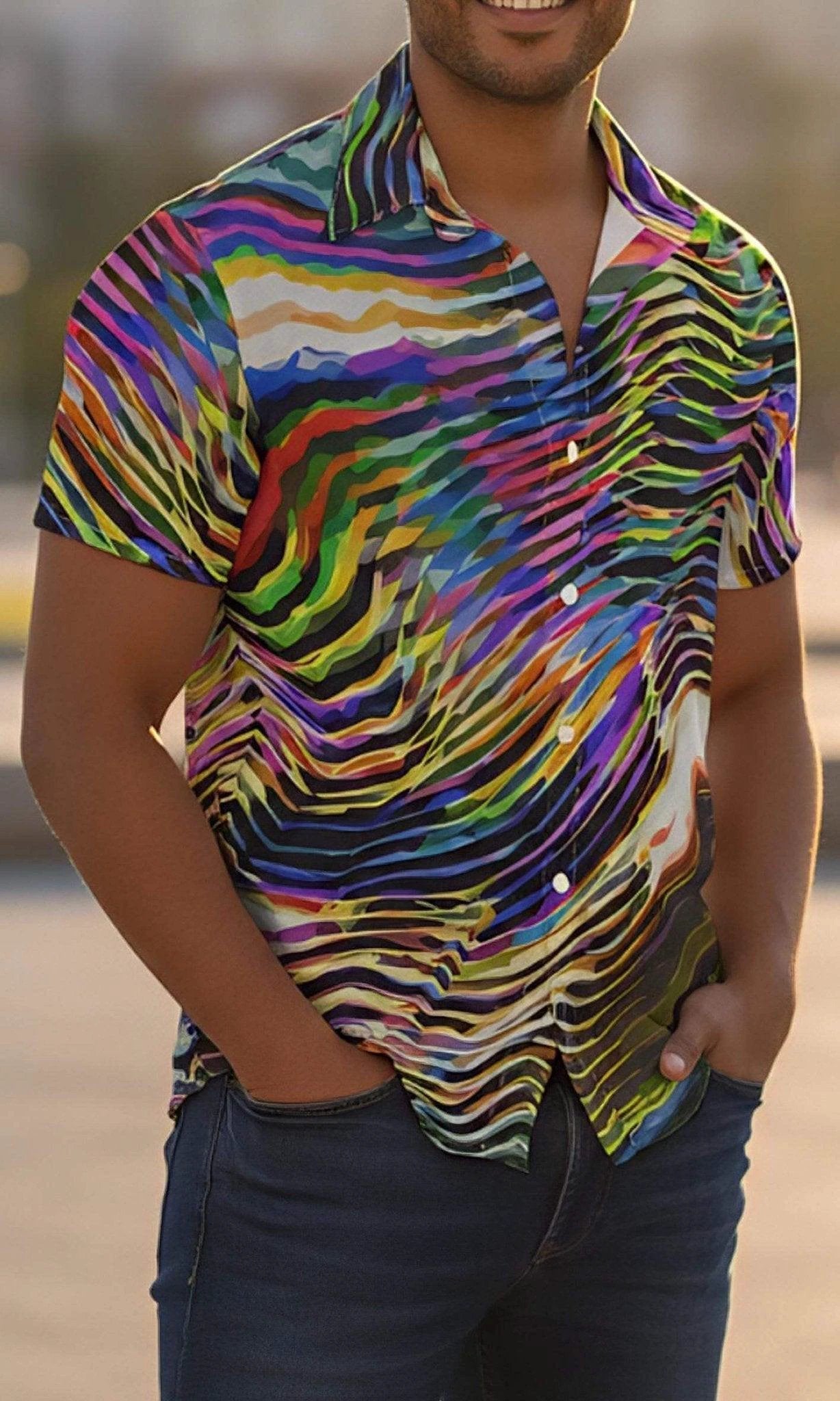 Ethereal Zebra Psychedelic Button-Up for Creative Professionals — Wave AOP Short Sleeve Maximalist Shirt, Festival Business Casual Crossover