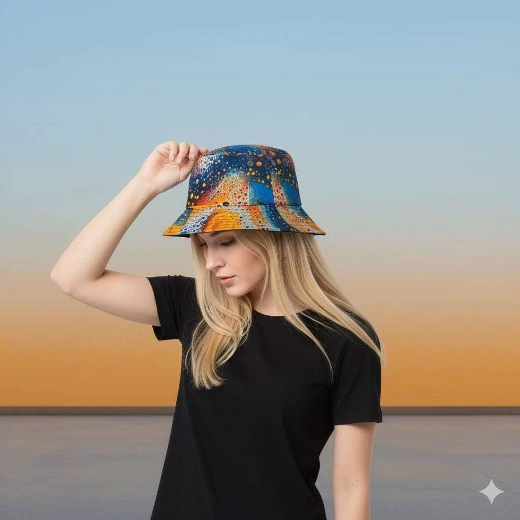 Cosmic Dot Painting Galaxy Bucket Hat for Astronomy + Festival Lovers — AOP Space Pattern Sun Hat, Made in USA, 3-Size Fit