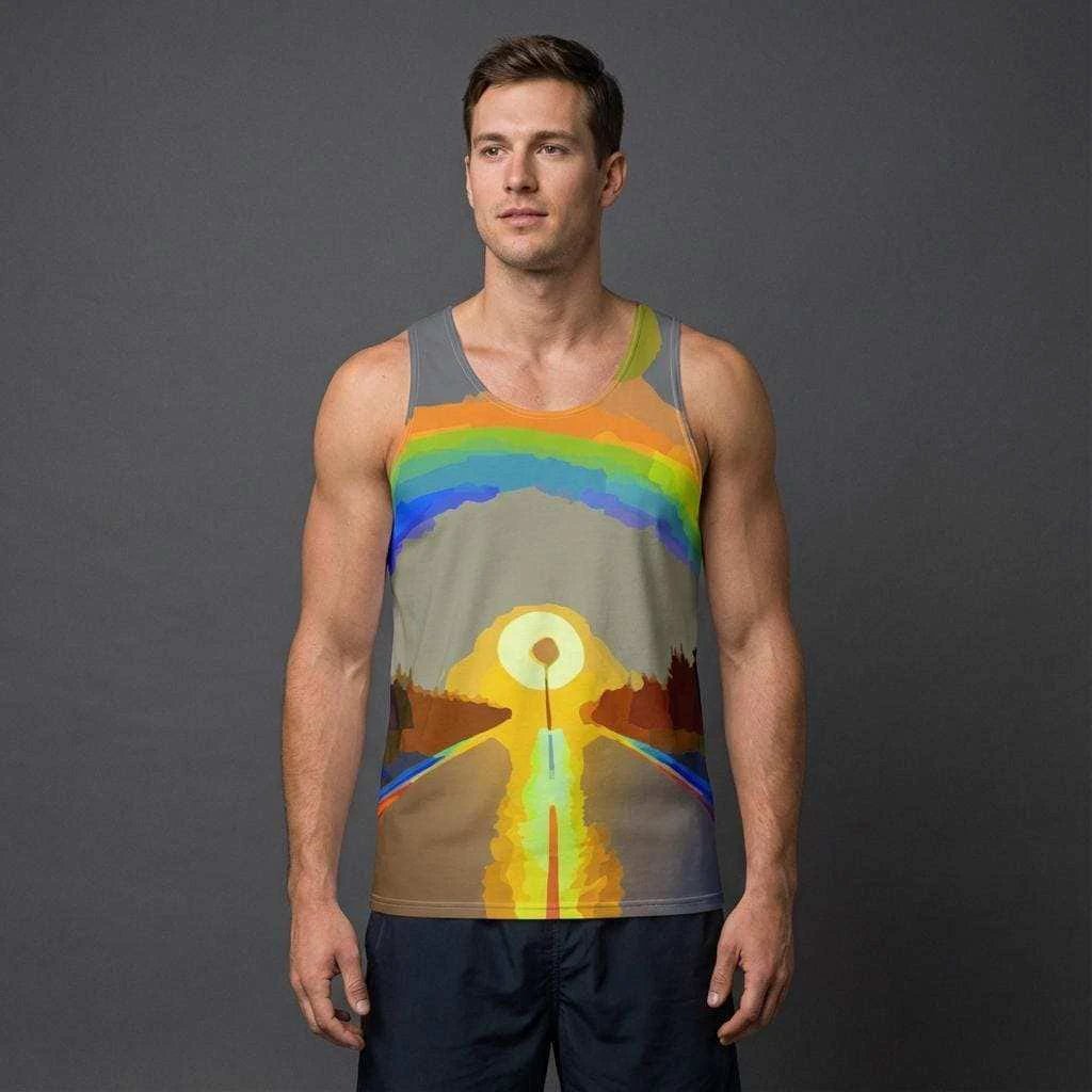 Digital Sunrise Psychedelic Tank for Road-Tripping Self-Expressers — Vibrational Rainbow Gradient AOP, Lightweight Quick-Dry