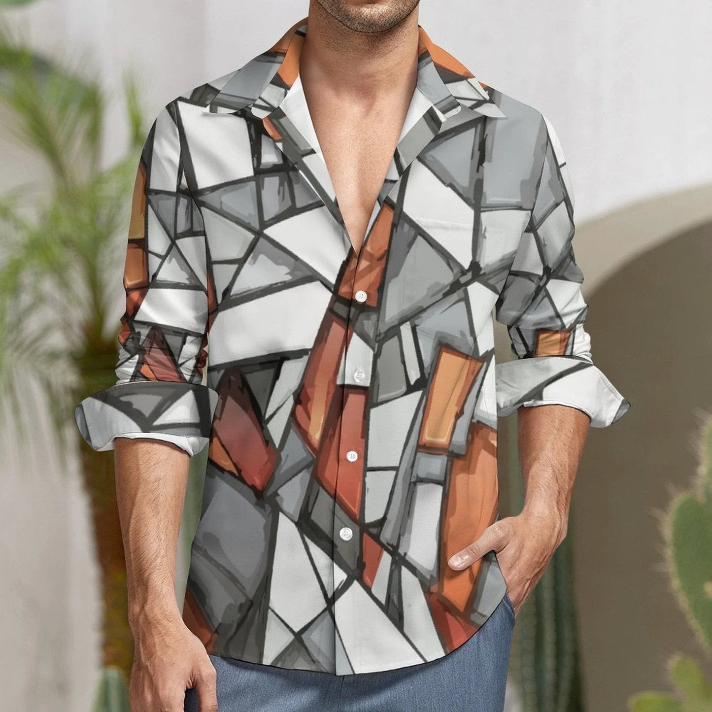 Shattered Mosaic Faux Linen Shirt — Stone & Amber Stained-Glass AOP Long Sleeve with Pocket