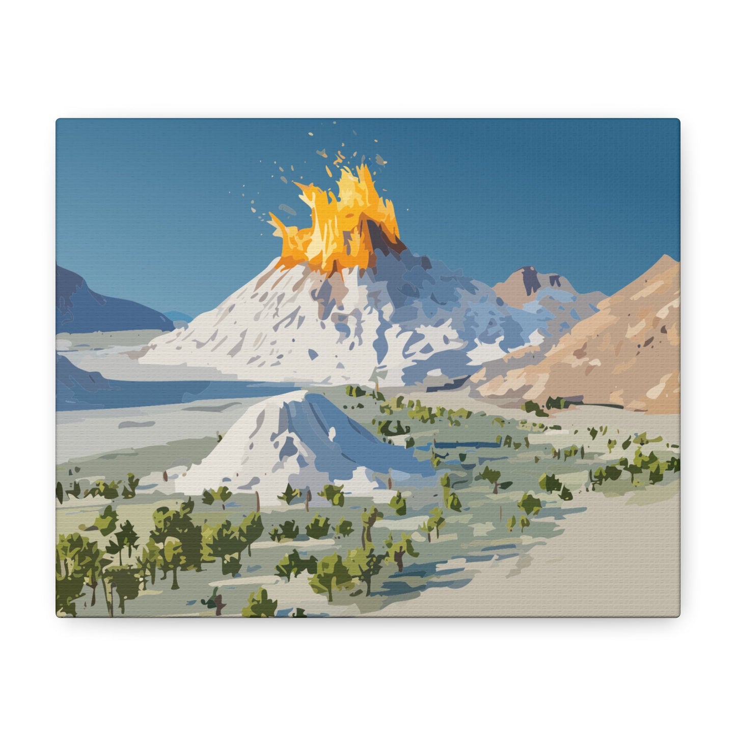 Tropical Volcano Eruption Canvas Wall Art | Stylized National-Park Vector Print on FSC-Certified Stretched Matte Canvas — Mystery Island Decor