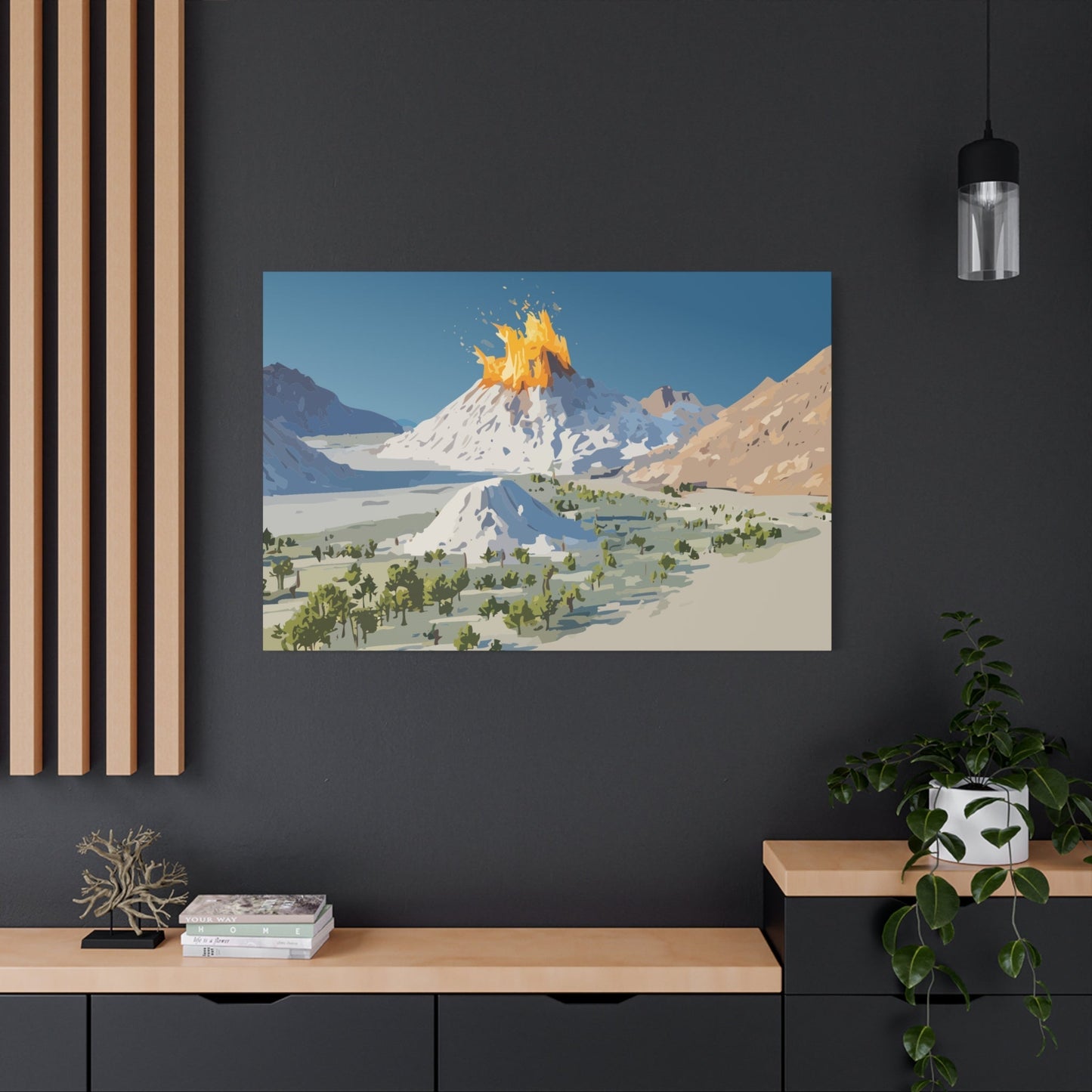 Tropical Volcano Eruption Canvas Wall Art | Stylized National-Park Vector Print on FSC-Certified Stretched Matte Canvas — Mystery Island Decor