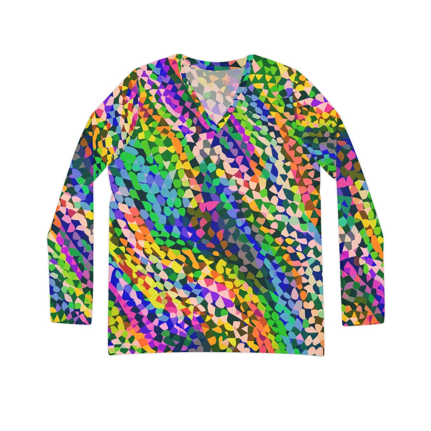 Vibrant AOP Long Sleeve V-Neck for Glow-Up Self-Expressers — Women's Bold Print Tee, Confidence-Led Statement Top, Everyday Maximalist Shirt