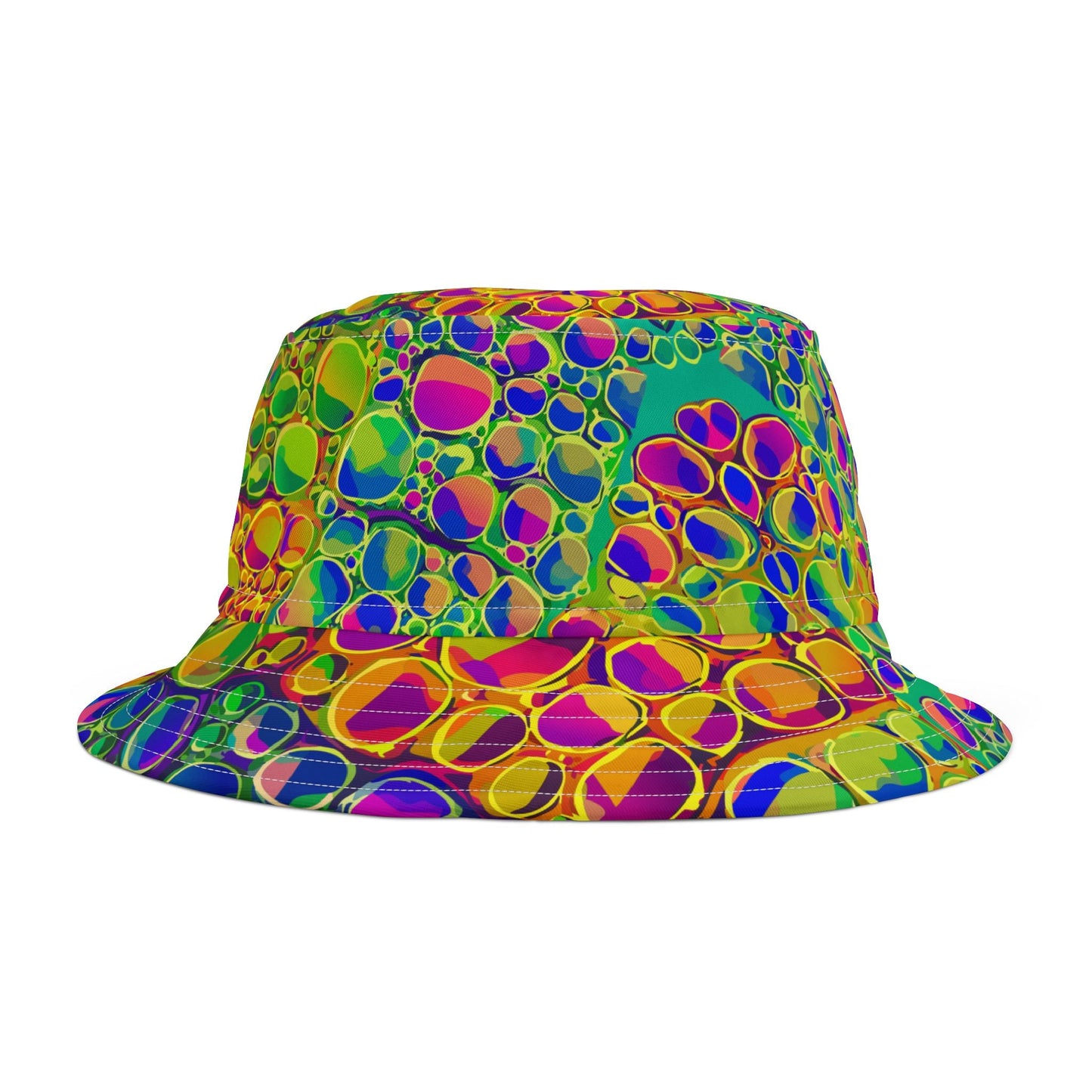 Mind-Melting Visuals AOP Bucket Hat | Dyles Mavis Hot-Pink & Lime Psychedelic Hypno-Dot Print — Made in USA Festival Streetwear Hat (Unisex)