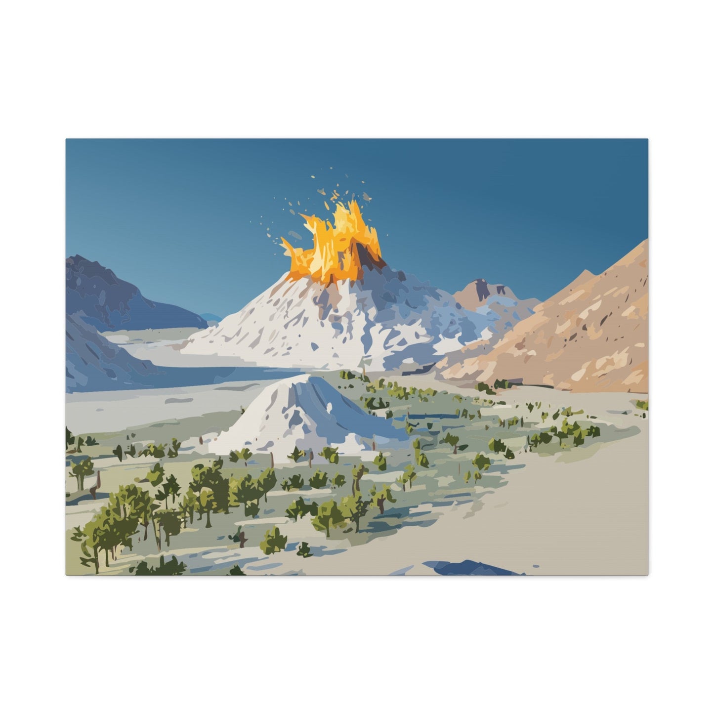 Tropical Volcano Eruption Canvas Wall Art | Stylized National-Park Vector Print on FSC-Certified Stretched Matte Canvas — Mystery Island Decor