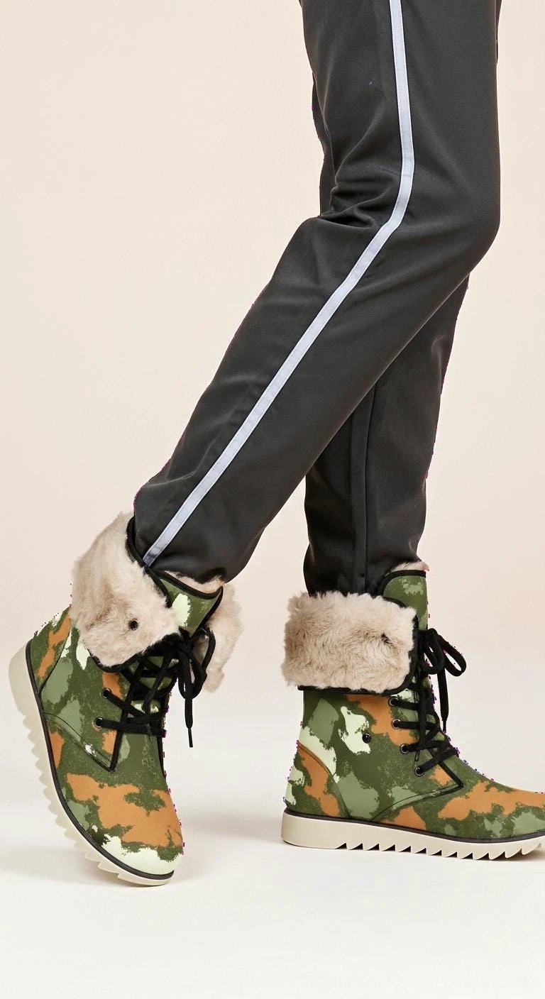 Glitch Camo Combat Boots for Urban Explorers — Concrete Jungle AOP Martin-Style Boots, Plush-Lined Winter Footwear, Alt Fashion, Men's Wearable Art
