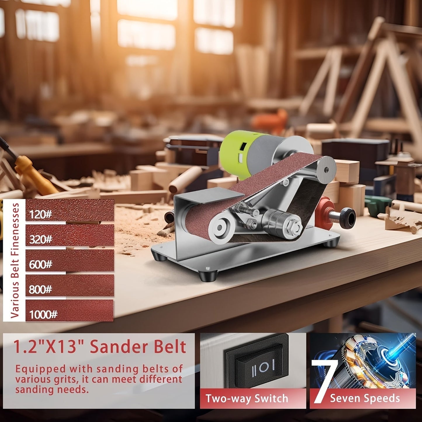 Mini Electric Belt Sander, 7-Speed DIY Grinder TJR4P9X