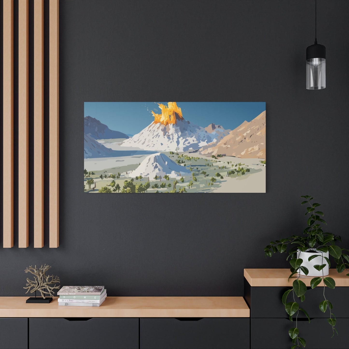 Tropical Volcano Eruption Canvas Wall Art | Stylized National-Park Vector Print on FSC-Certified Stretched Matte Canvas — Mystery Island Decor