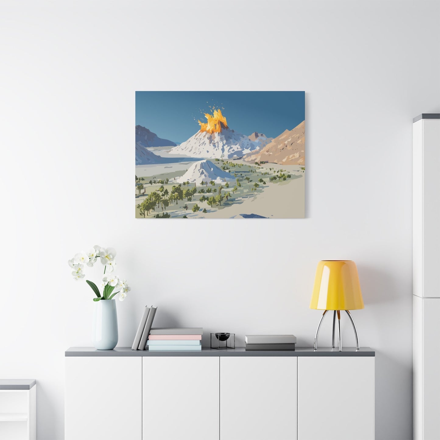 Tropical Volcano Eruption Canvas Wall Art | Stylized National-Park Vector Print on FSC-Certified Stretched Matte Canvas — Mystery Island Decor