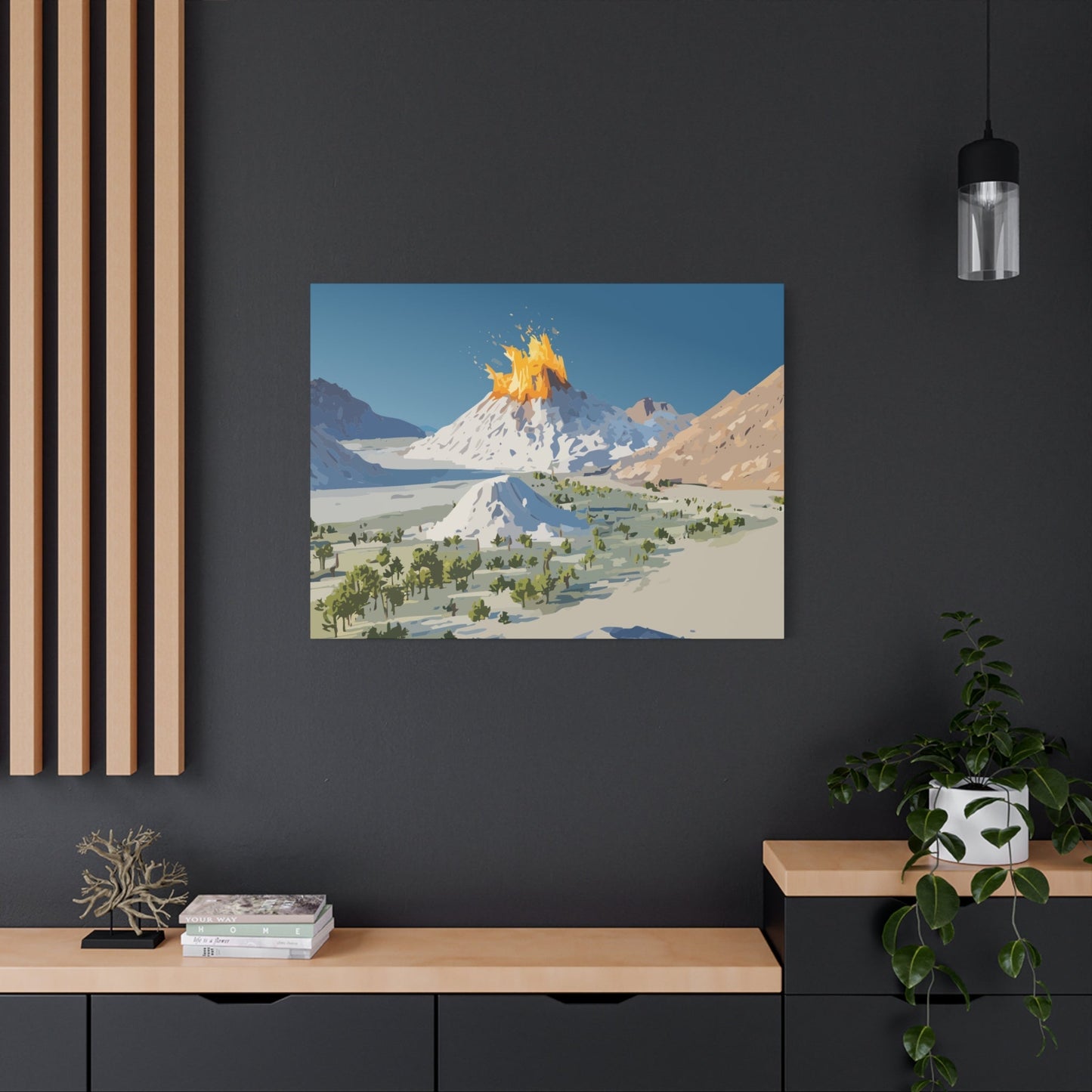 Tropical Volcano Eruption Canvas Wall Art | Stylized National-Park Vector Print on FSC-Certified Stretched Matte Canvas — Mystery Island Decor