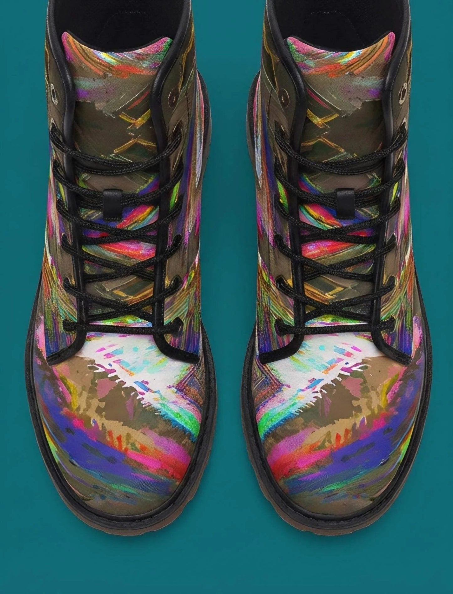 Trippy Goth Platform Combat Boots - Psychedelic Nightcore Alt-Fashion Footwear for Raves & Edgy Streetwear