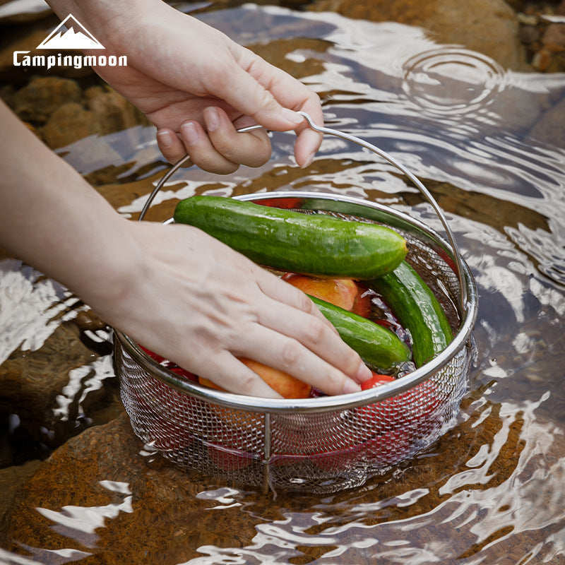 Campingmoon CC-22 Stainless Steel Drain Basket Portable Lightweight Round Mesh Net Strainer For Washing Draining Foods Folding Handle Filter Basket