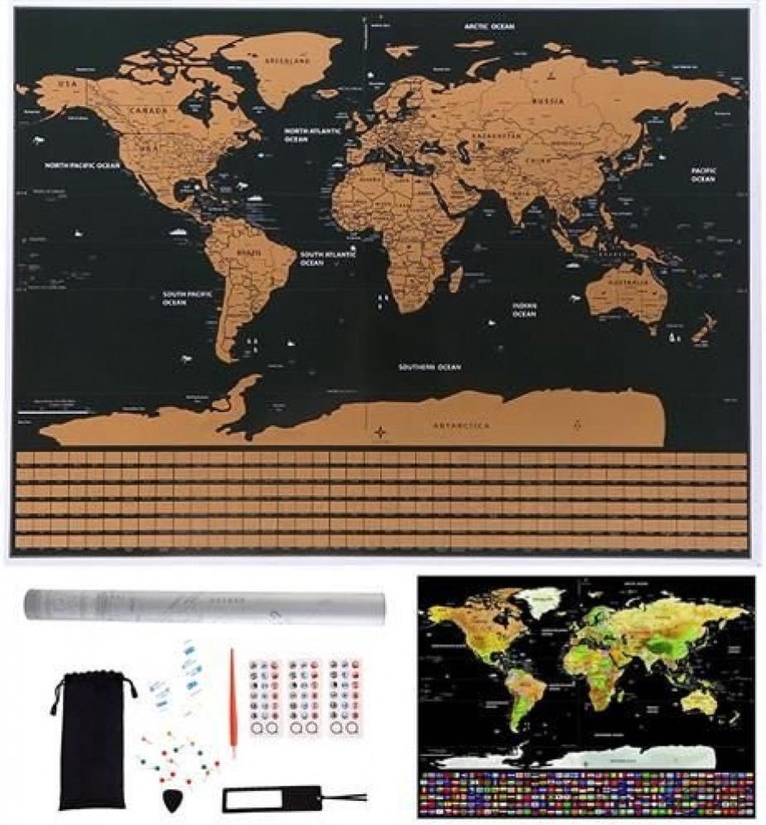 Posters Wereldkaart set Wanddecoratie Scratchmap Accessoires - Vlaggen Vaderdag Cadeau