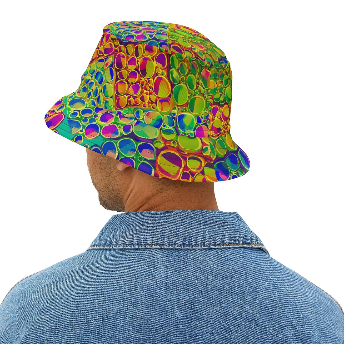 Mind-Melting Visuals AOP Bucket Hat | Dyles Mavis Hot-Pink & Lime Psychedelic Hypno-Dot Print — Made in USA Festival Streetwear Hat (Unisex)