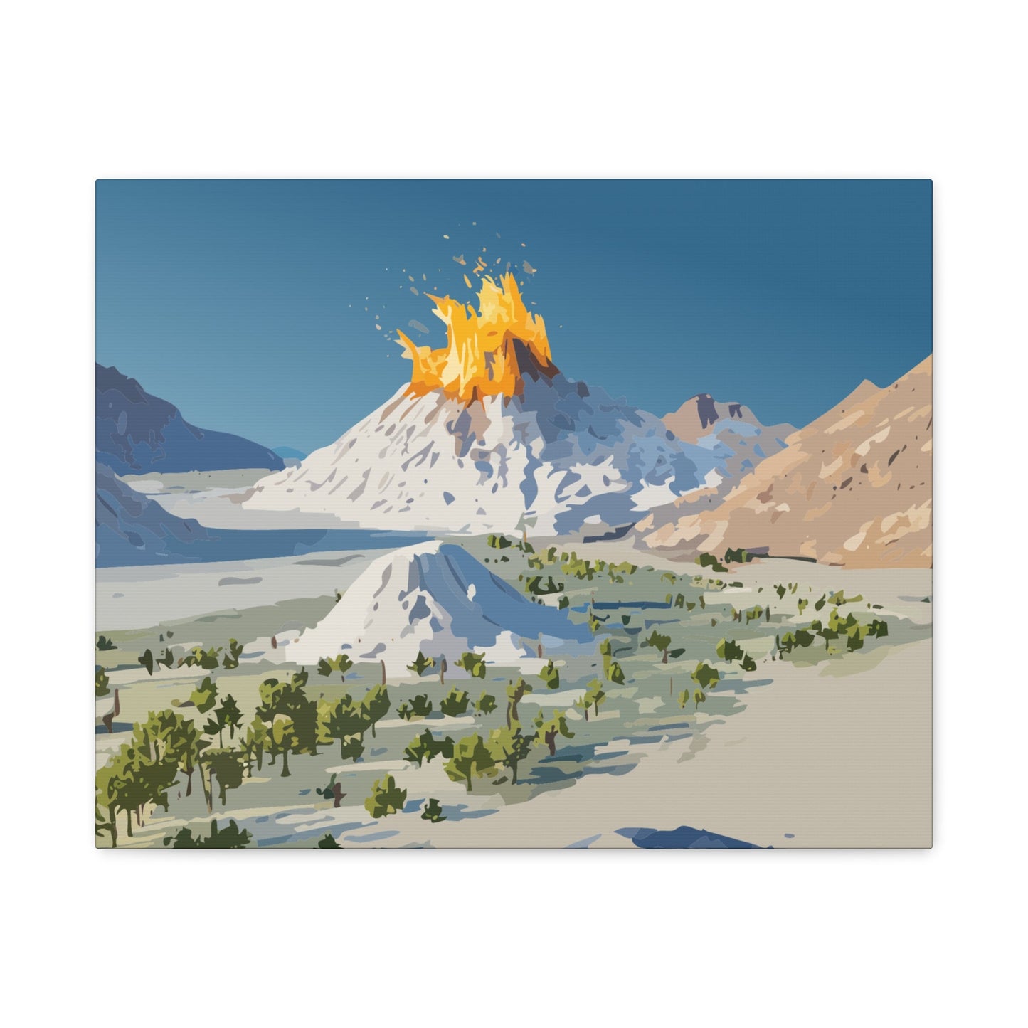 Tropical Volcano Eruption Canvas Wall Art | Stylized National-Park Vector Print on FSC-Certified Stretched Matte Canvas — Mystery Island Decor
