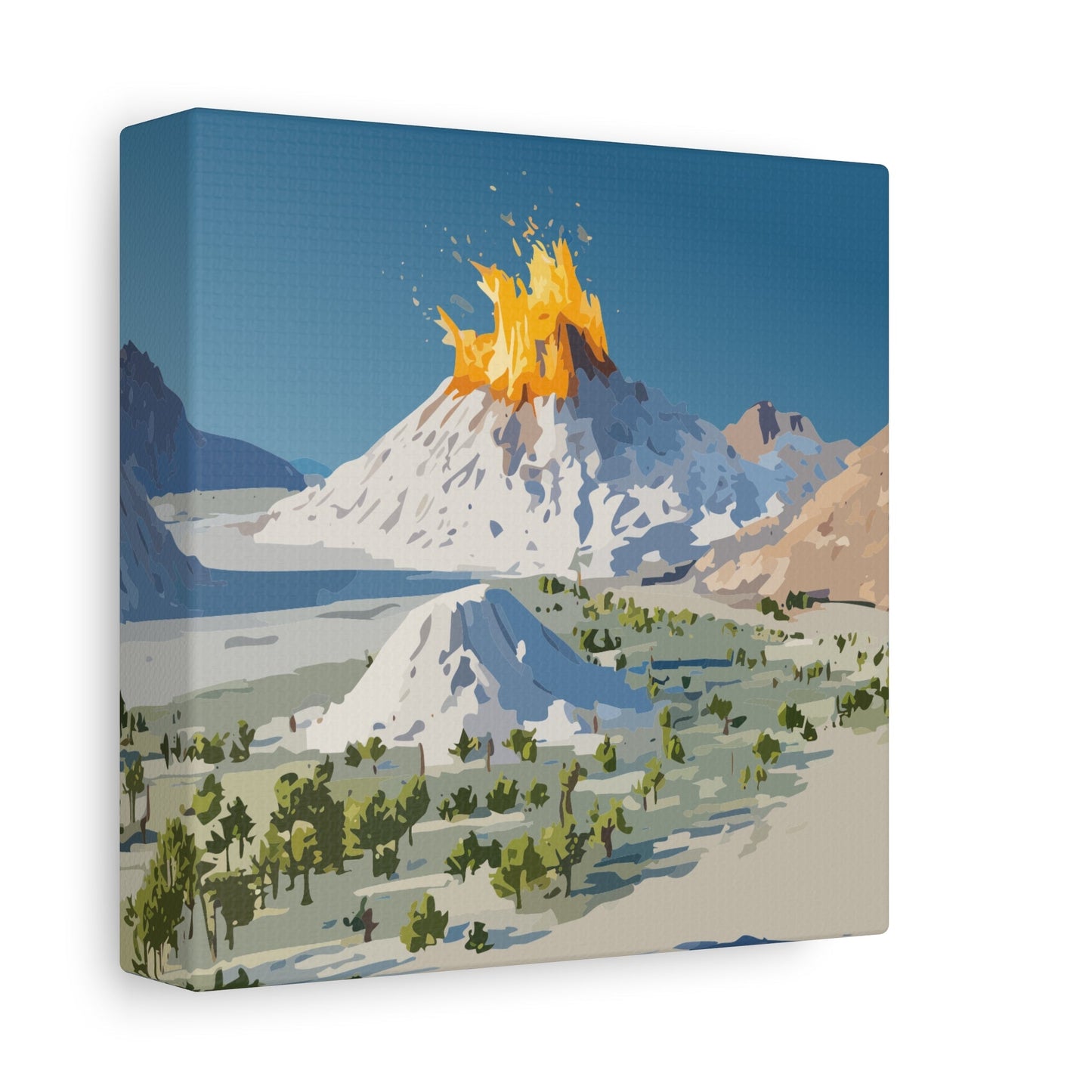 Tropical Volcano Eruption Canvas Wall Art | Stylized National-Park Vector Print on FSC-Certified Stretched Matte Canvas — Mystery Island Decor