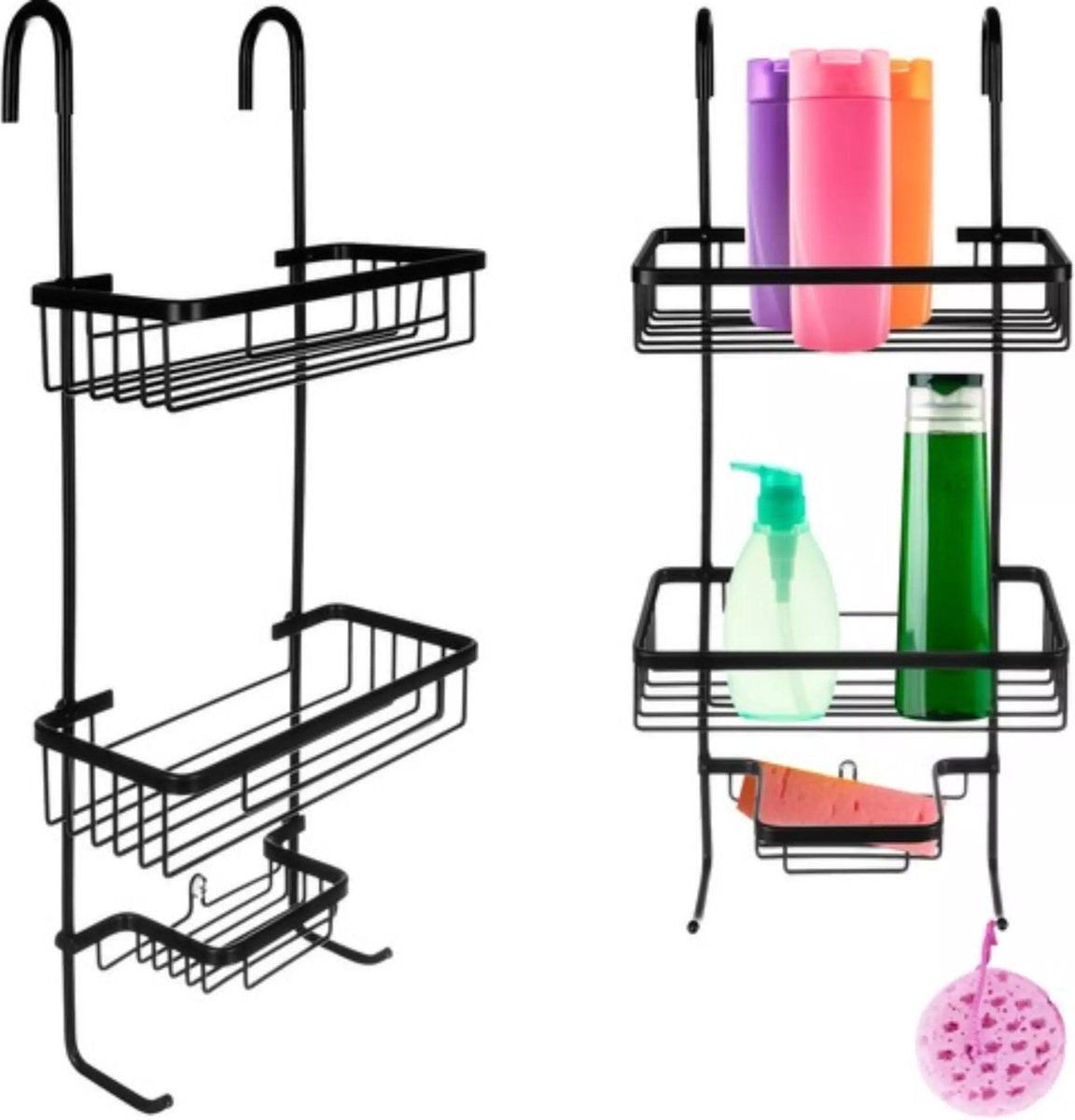 Malatec Doucherek 3 laags - Monteren zonder boren - Zwart - zuignap - Ook voor grote flessen - Opbergrek Douche - 3 etages