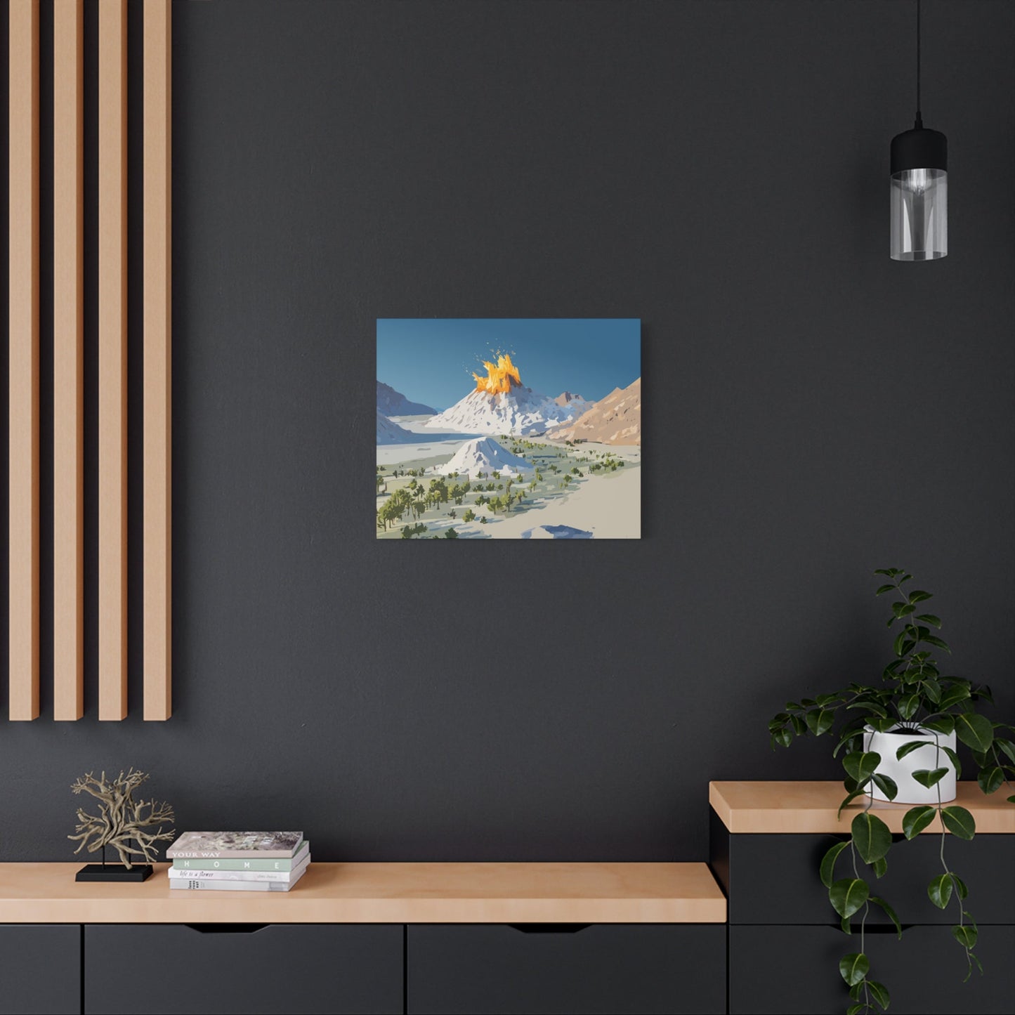 Tropical Volcano Eruption Canvas Wall Art | Stylized National-Park Vector Print on FSC-Certified Stretched Matte Canvas — Mystery Island Decor