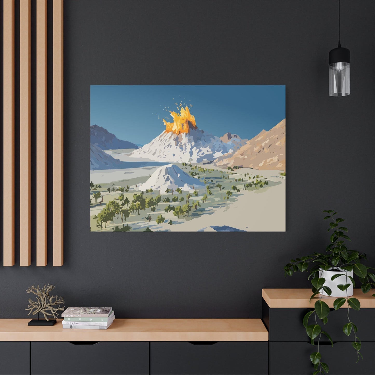 Tropical Volcano Eruption Canvas Wall Art | Stylized National-Park Vector Print on FSC-Certified Stretched Matte Canvas — Mystery Island Decor