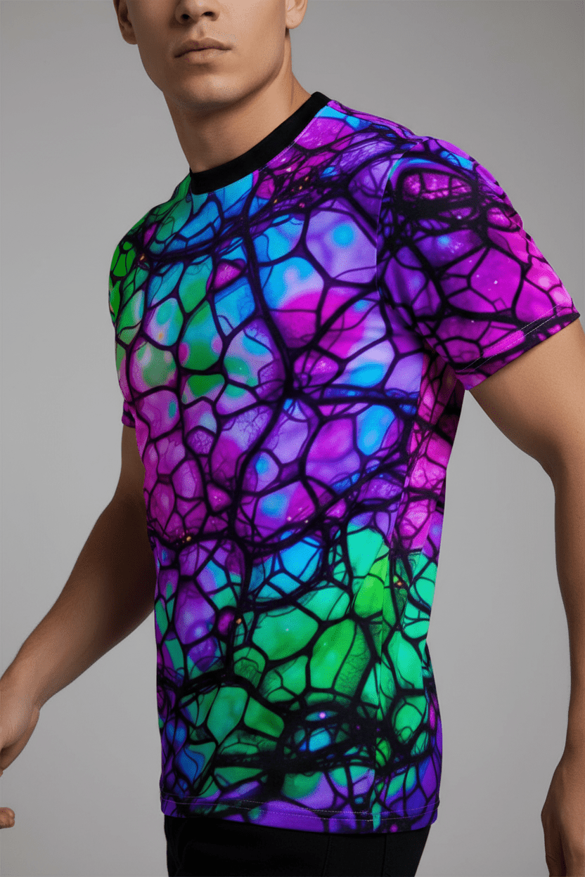 Psychedelic Web Unisex Tee – Vibrant Abstract Cut & Sew T-Shirt | Festival Fashion & Streetwear Vibes