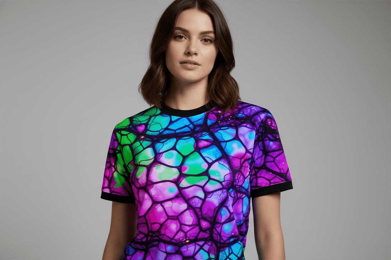 Psychedelic Web Unisex Tee – Vibrant Abstract Cut & Sew T-Shirt | Festival Fashion & Streetwear Vibes