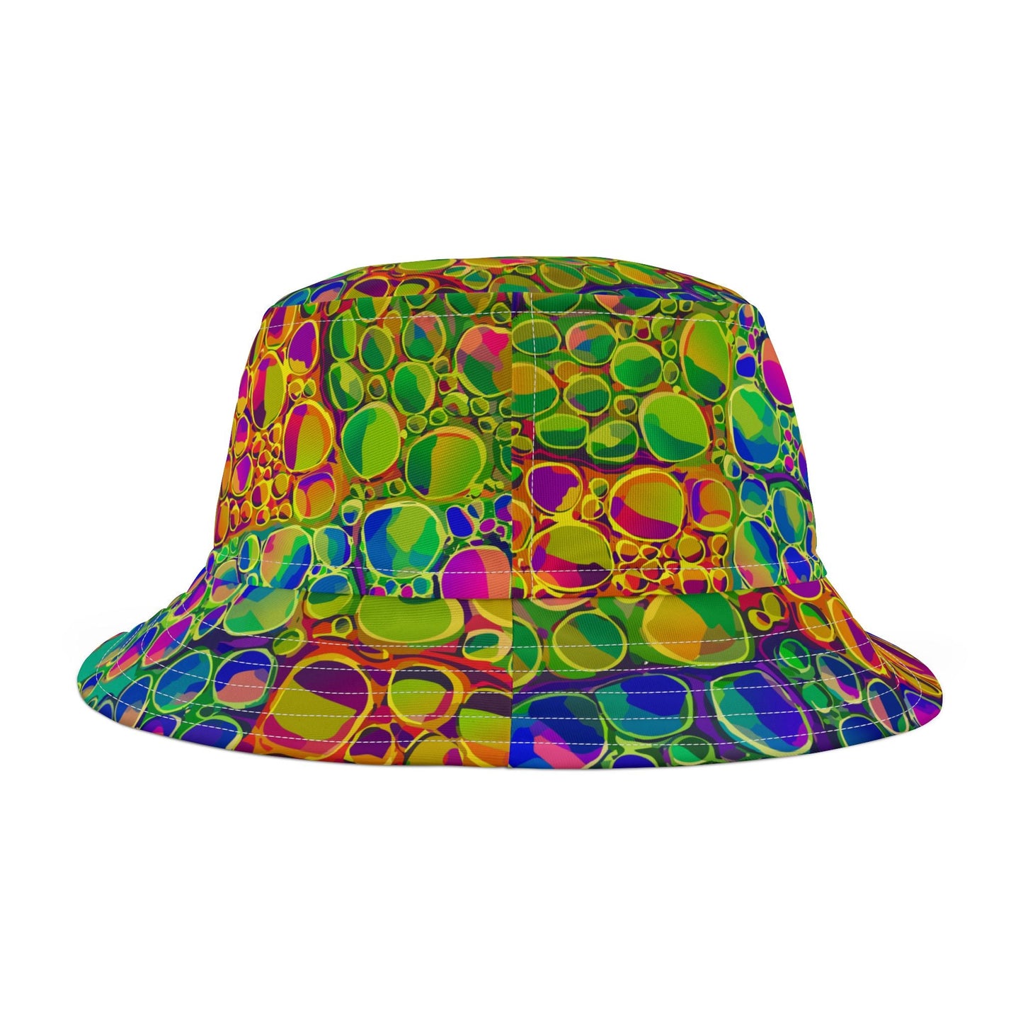 Mind-Melting Visuals AOP Bucket Hat | Dyles Mavis Hot-Pink & Lime Psychedelic Hypno-Dot Print — Made in USA Festival Streetwear Hat (Unisex)