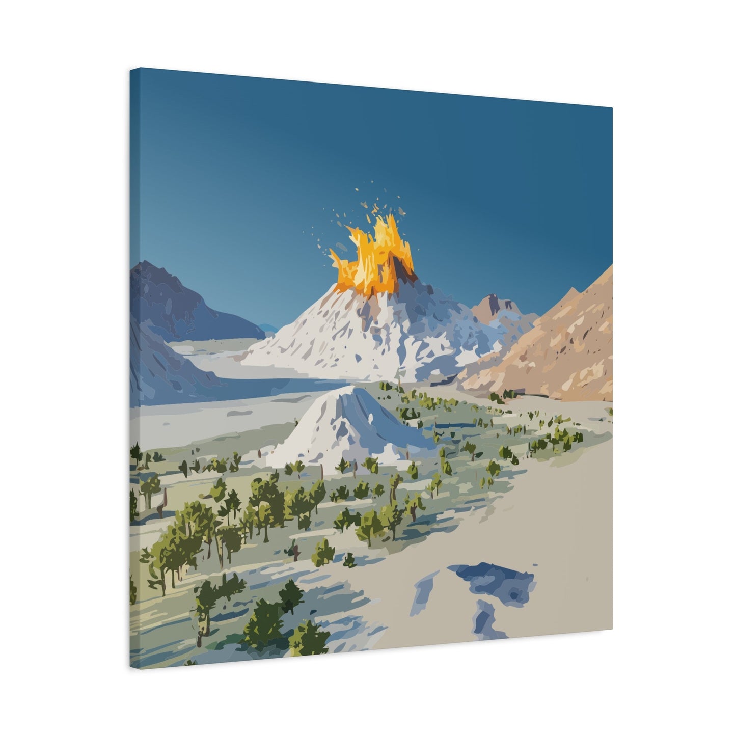 Tropical Volcano Eruption Canvas Wall Art | Stylized National-Park Vector Print on FSC-Certified Stretched Matte Canvas — Mystery Island Decor