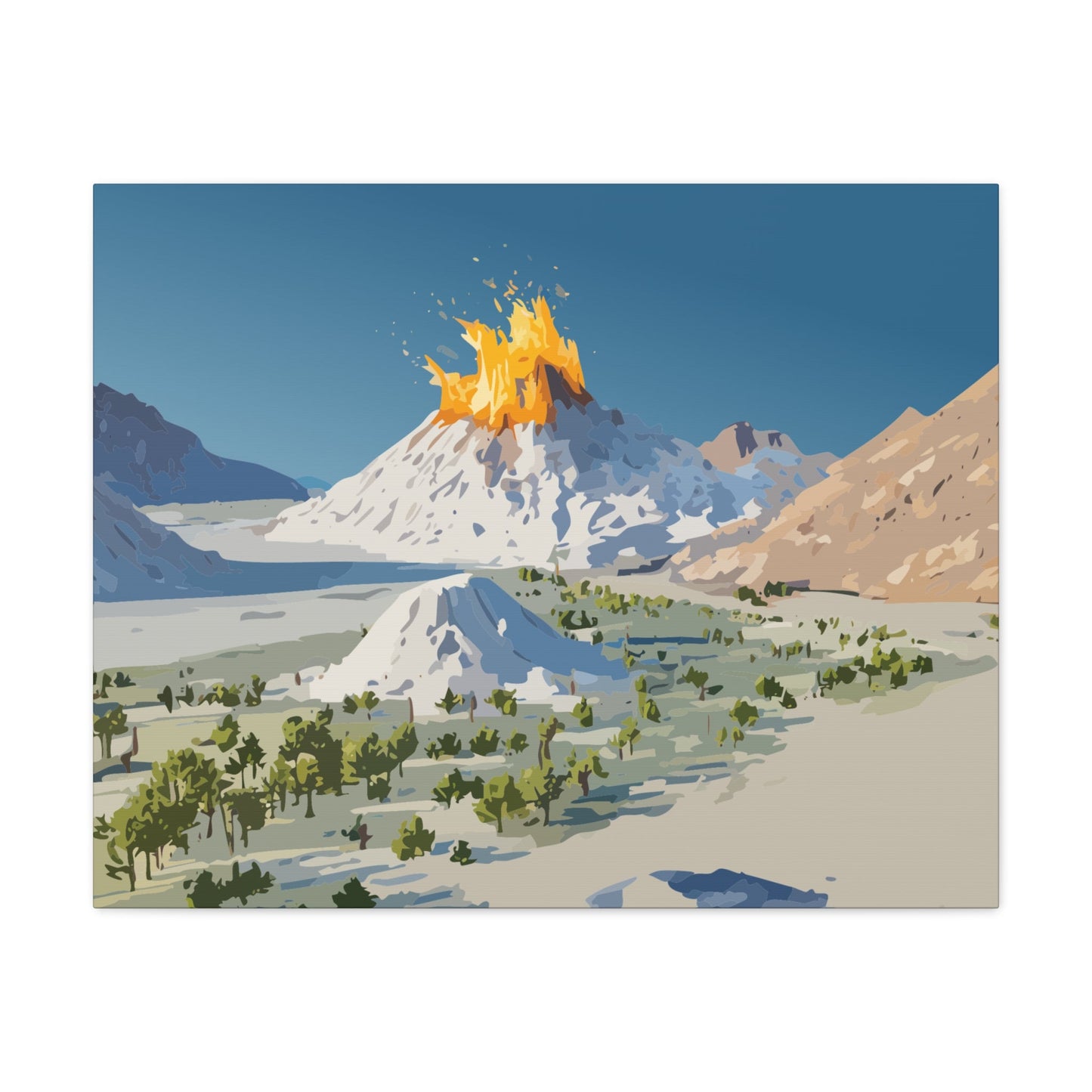 Tropical Volcano Eruption Canvas Wall Art | Stylized National-Park Vector Print on FSC-Certified Stretched Matte Canvas — Mystery Island Decor