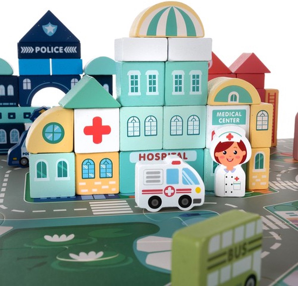 Kruzzel 100-delige Houten Blokken Set met Stadspuzzel - Leerzaam Speelplezier