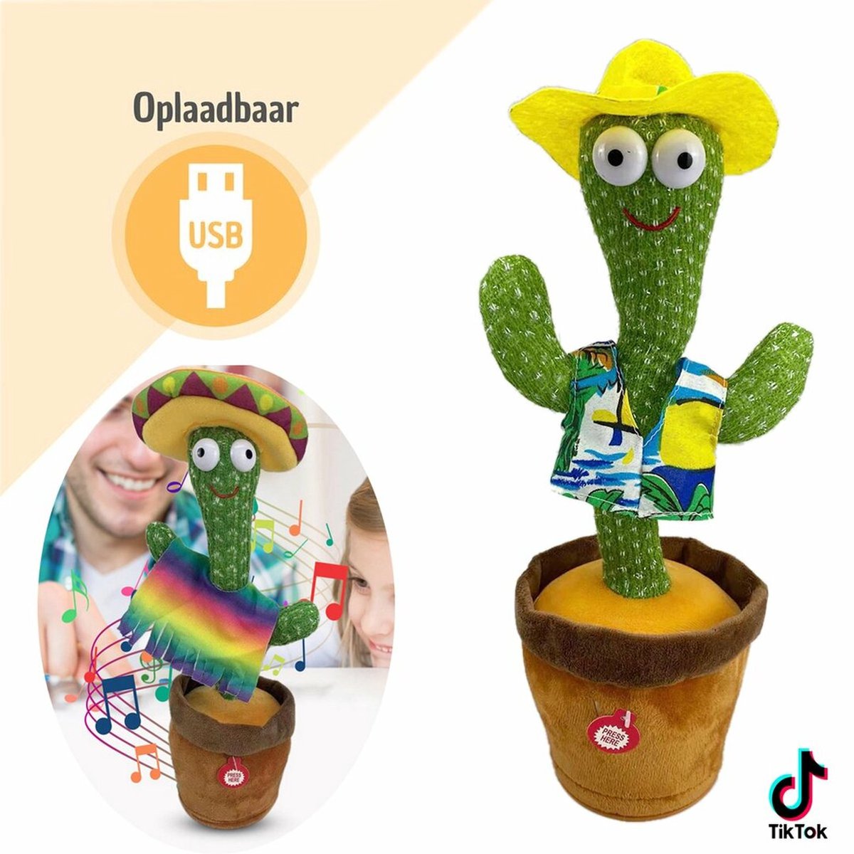 Oplaadbare Dansende Cactus Met 120 TikTok Liedjes Incl. USB - Pratende Cactus - Dancing Cactus - Cactus Speelgoed