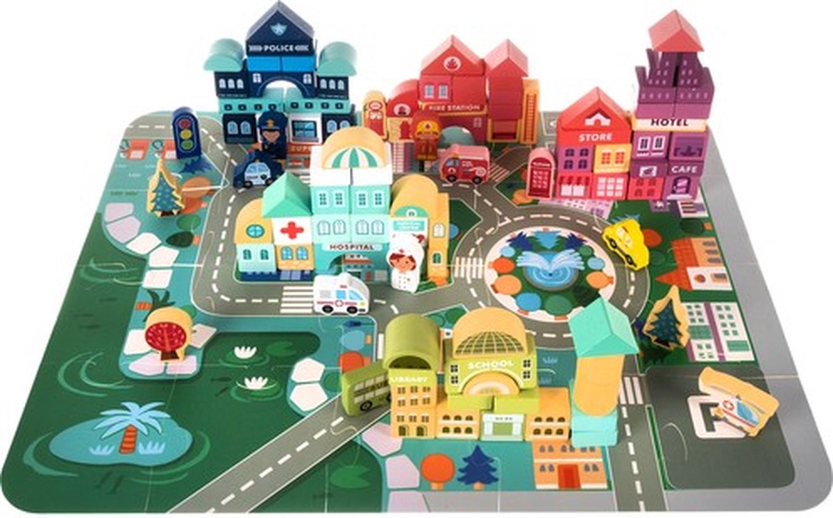 Kruzzel 100-delige Houten Blokken Set met Stadspuzzel - Leerzaam Speelplezier