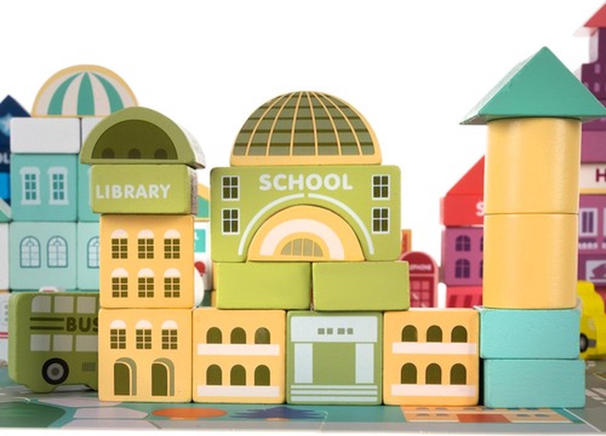 Kruzzel 100-delige Houten Blokken Set met Stadspuzzel - Leerzaam Speelplezier