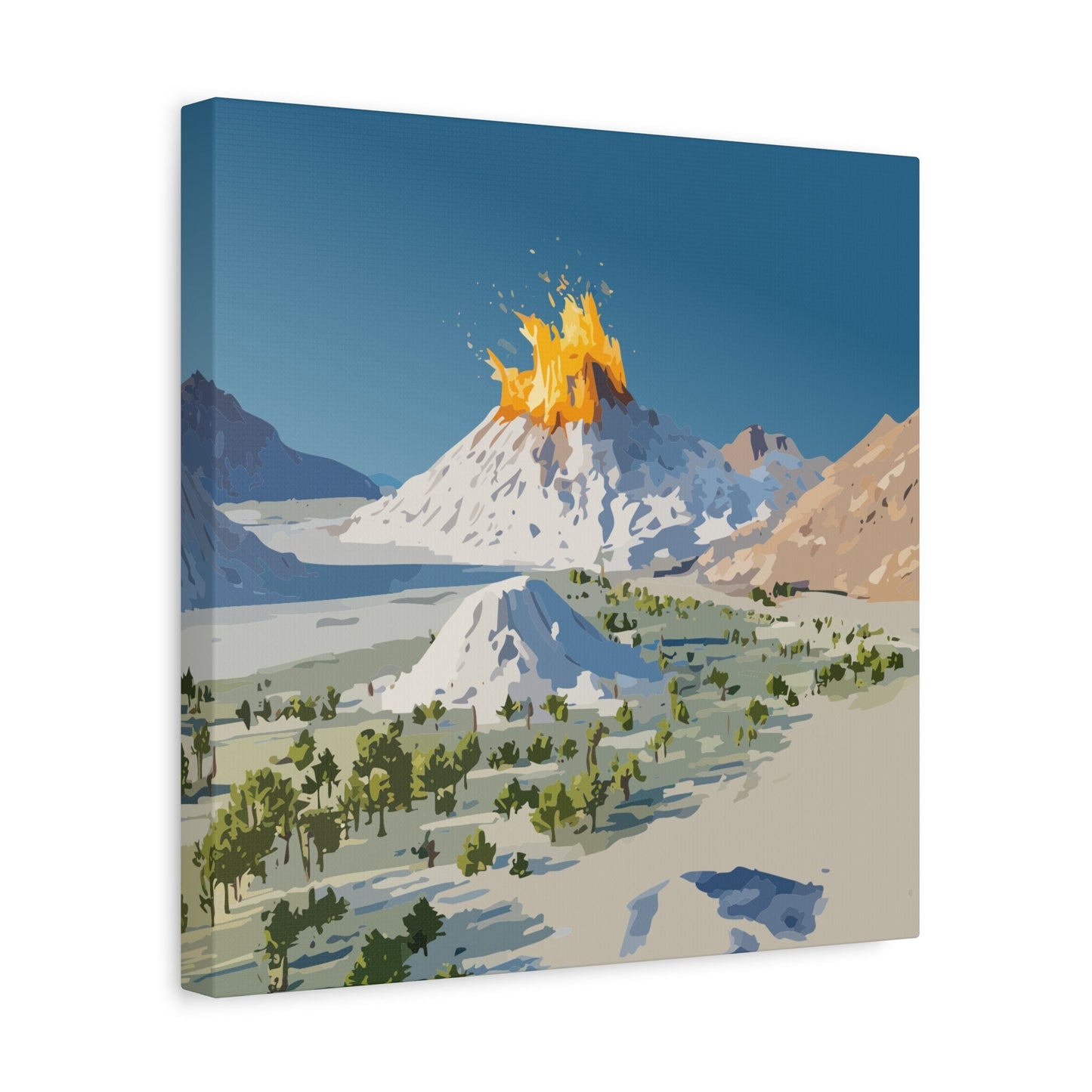 Tropical Volcano Eruption Canvas Wall Art | Stylized National-Park Vector Print on FSC-Certified Stretched Matte Canvas — Mystery Island Decor