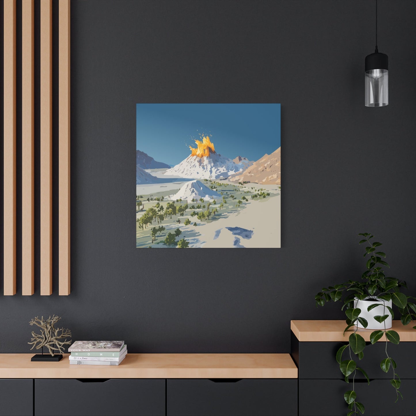 Tropical Volcano Eruption Canvas Wall Art | Stylized National-Park Vector Print on FSC-Certified Stretched Matte Canvas — Mystery Island Decor